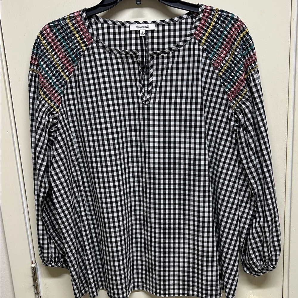 Madewell Black and White Checkered Blouse with Colorful Shoulder Accents